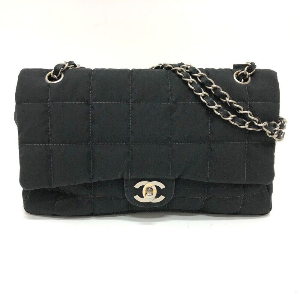 CHANEL CC Mark Chocolate bar Chain Shoulder Bag Nylon Black/SilverHardware